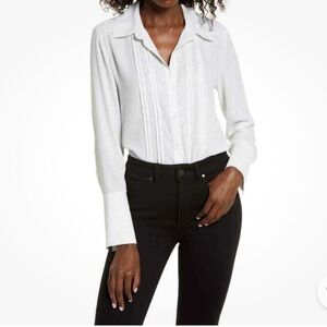 *NWT* Chelsea28 Nordstrom White Polka Dot Button Up Long Sleeve Blouse L